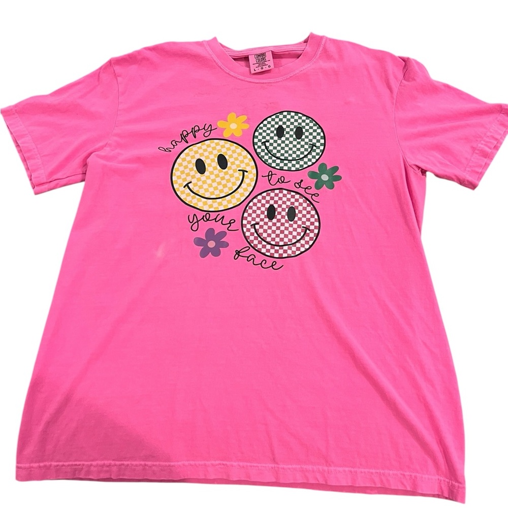 Comfort Colors Bright Pink Smiley Face Tee